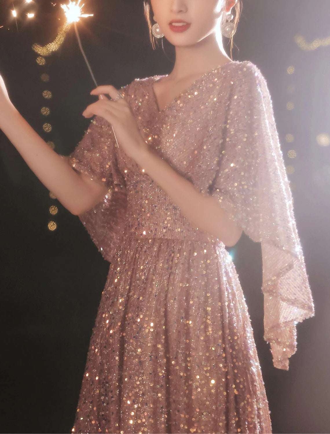 Abito da festa a trapezio, elegante, scintillante, da ballo, da sera, formale, con scollo a V, mezza manica, lunghezza al pavimento, in raso con paillettes